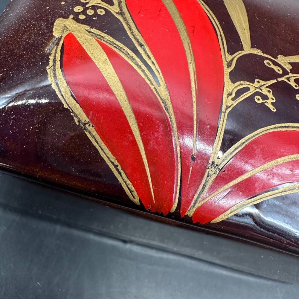 Vintage Trinket Box Floral Red Gold Brown Flowers Vanity Jewelry Holder Japan - Picture 7 of 10